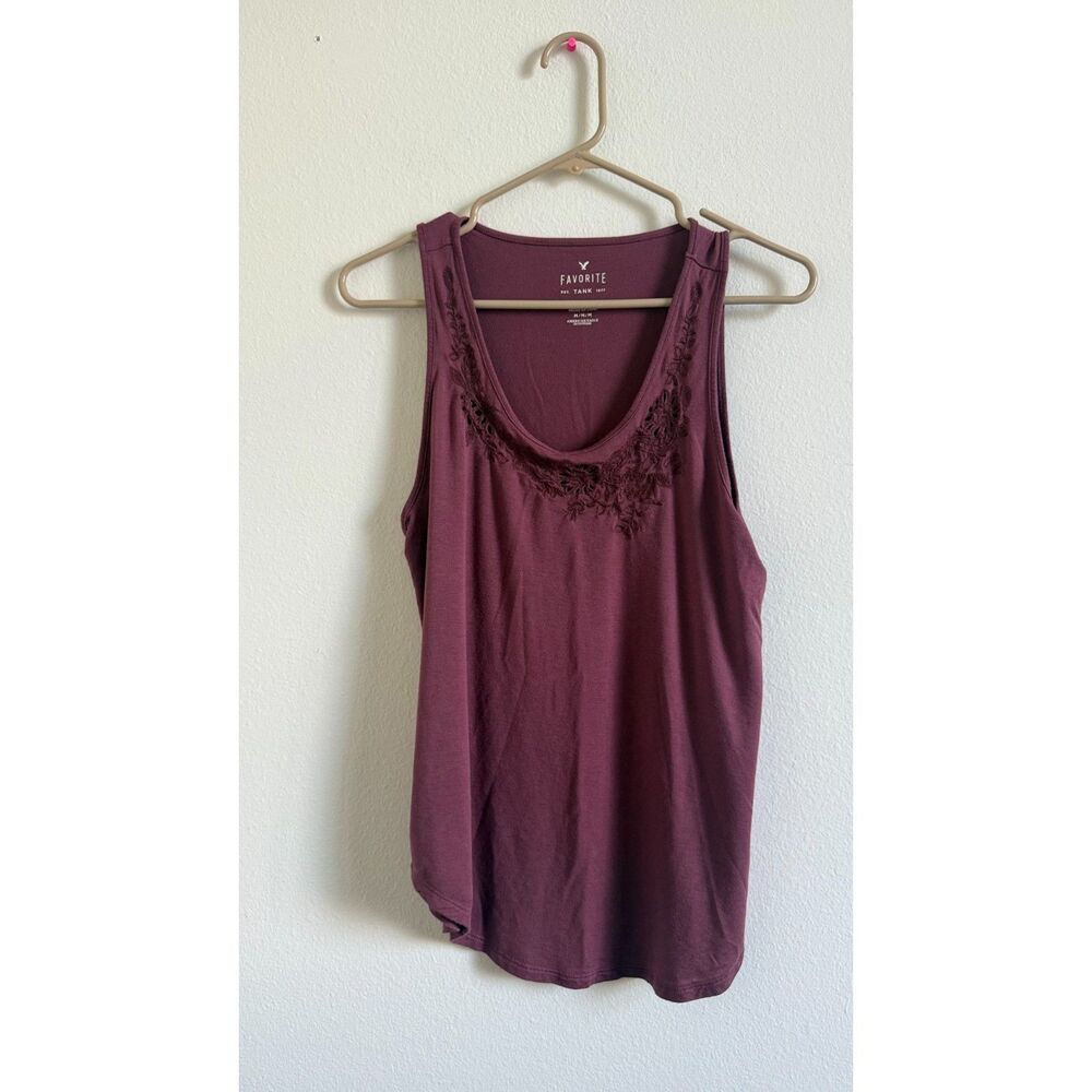 American Eagle Favorite Tank Top Medium Burgundy Embroidered Boho Scoop Neck
